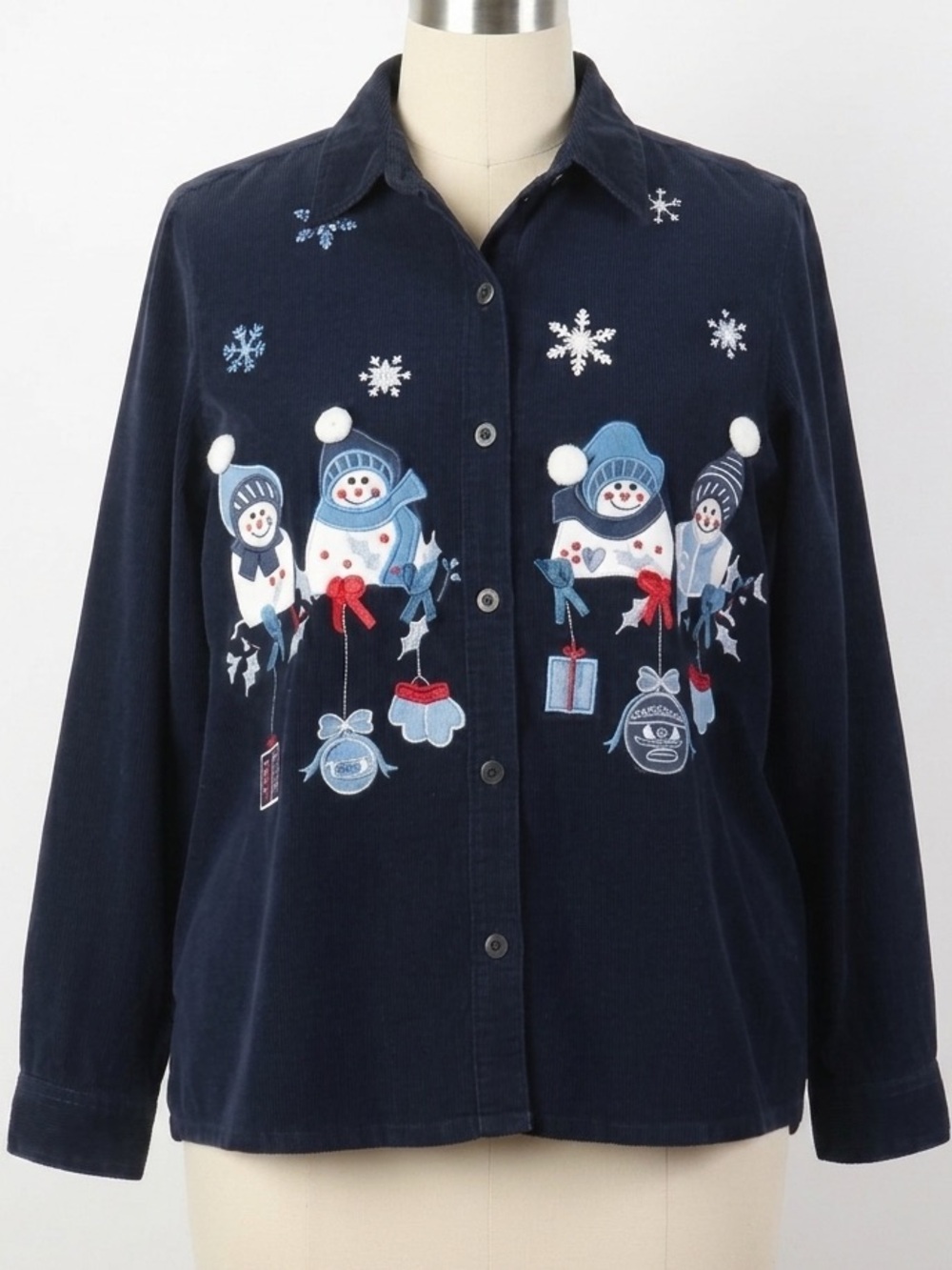 Vintage XL Navy Corduroy Button Down Shirt Snowman Embroidered Christmas Y2K
